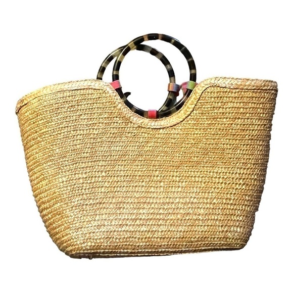 Putu by J MacLear straw bag tortoise ring handles and stripe cotton lining - Picture 2 of 9